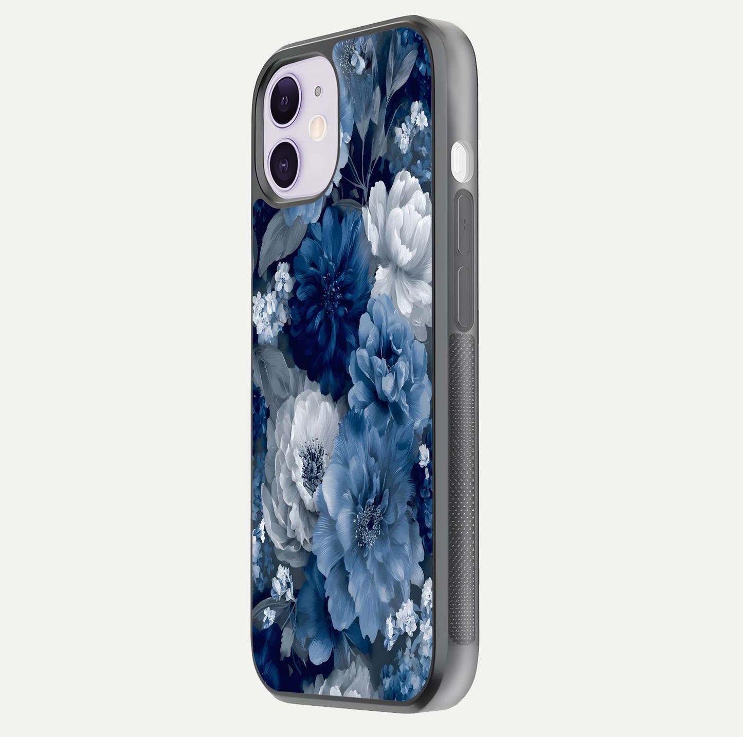 Royal Bloom Garden Glass Case for iPhone 11 side-angle image showing floral pattern, edges, and reflection