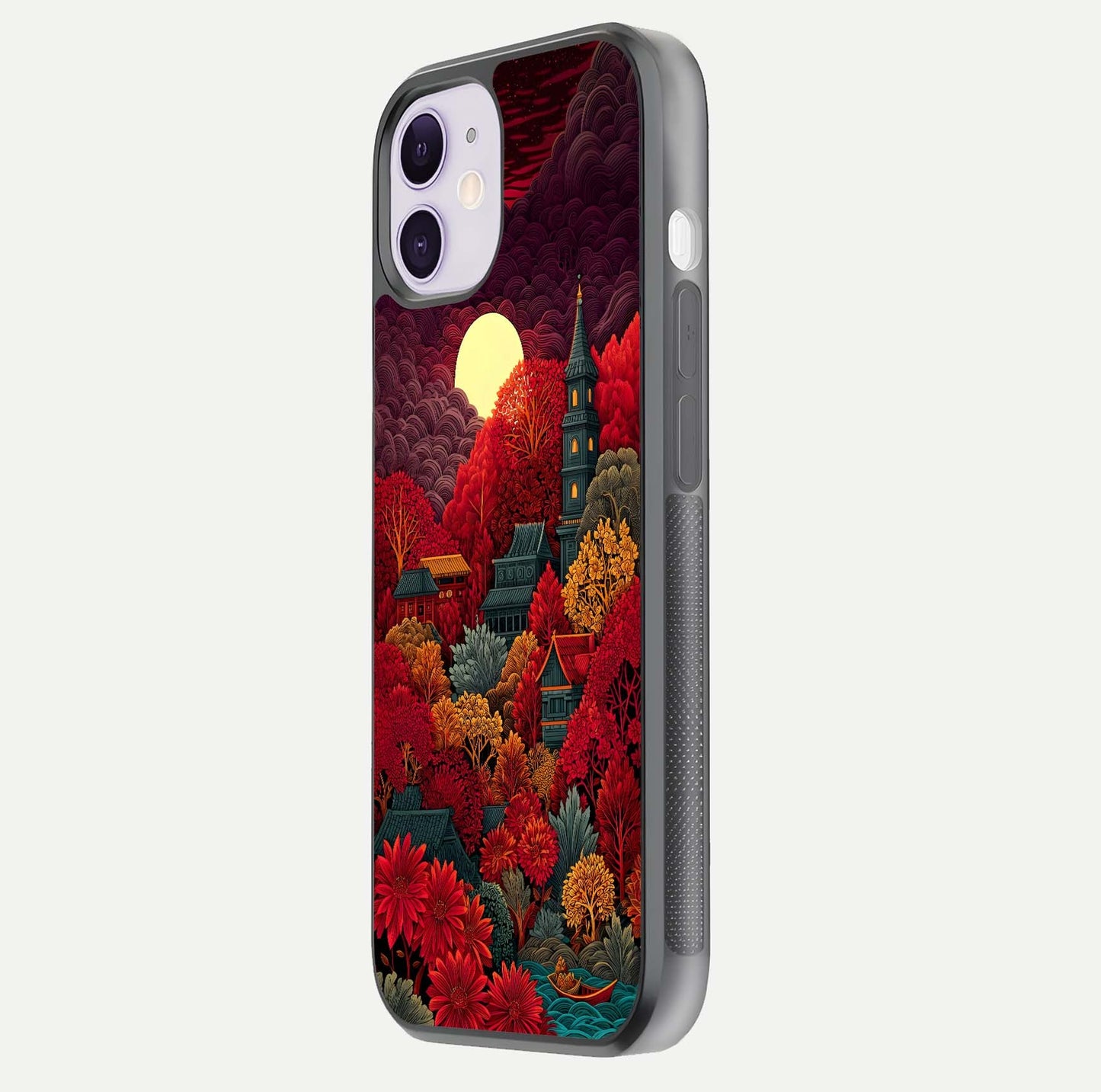 Scarlet Autumn Temple Glass Case for iPhone 11 side-angle image showing color depth and reflection clarity