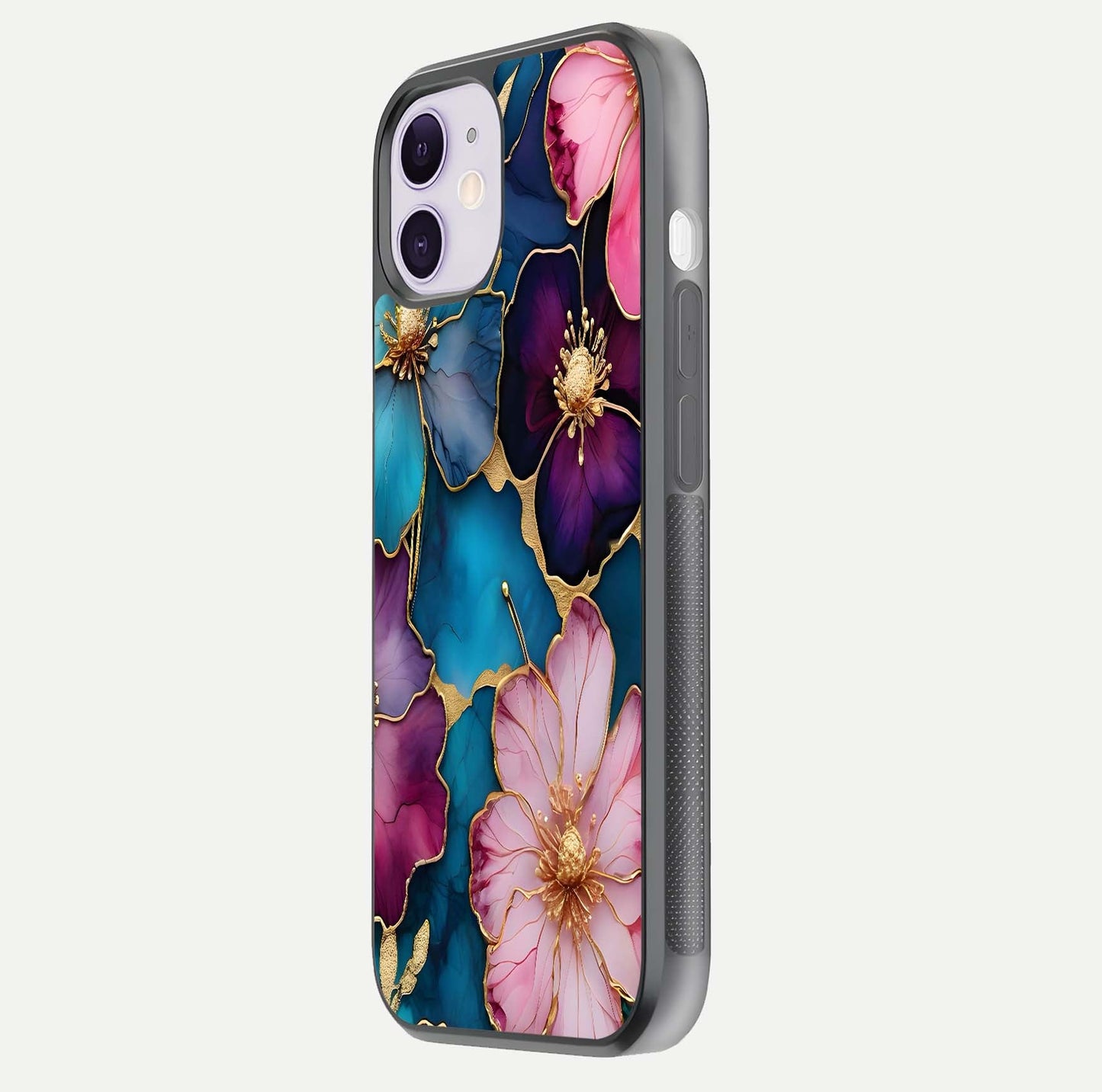 Sparkle Floral Glass Case for iPhone 11 side-angle image showing reflection, gloss, and floral texture