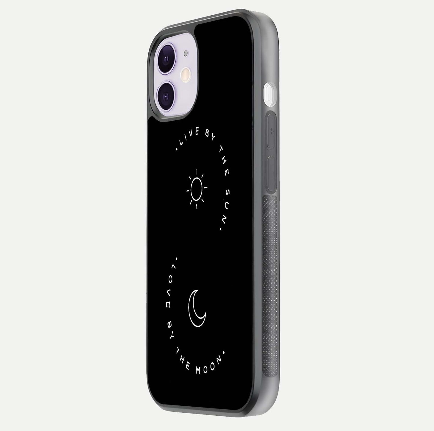 Sun Moon Balance Glass Case for iPhone 11 side-angle image showing reflection and celestial detailing
