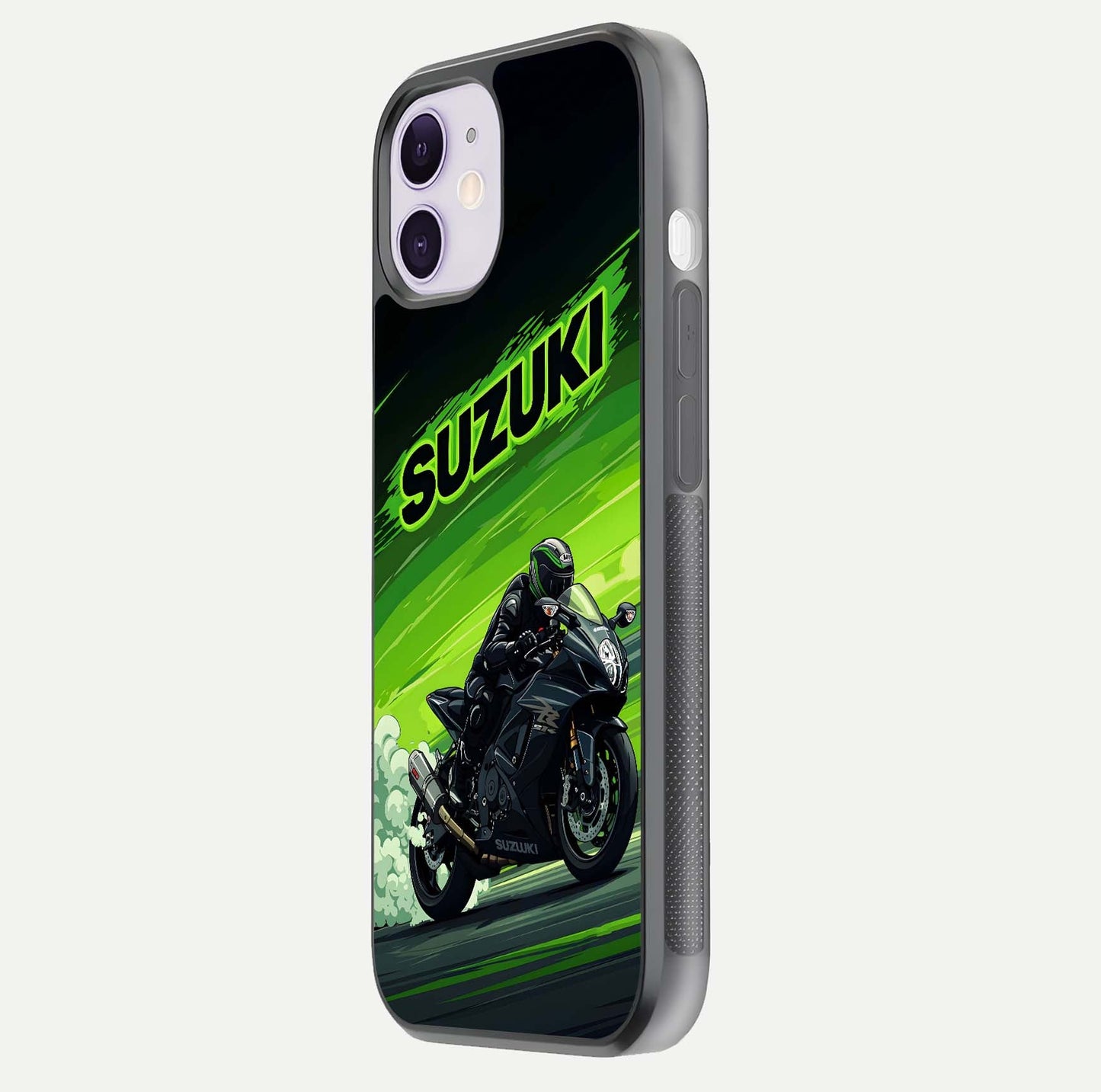 Suzuki Speed Beast Glass Case for iPhone 11 side-angle image showing reflection, gloss, and car detailing