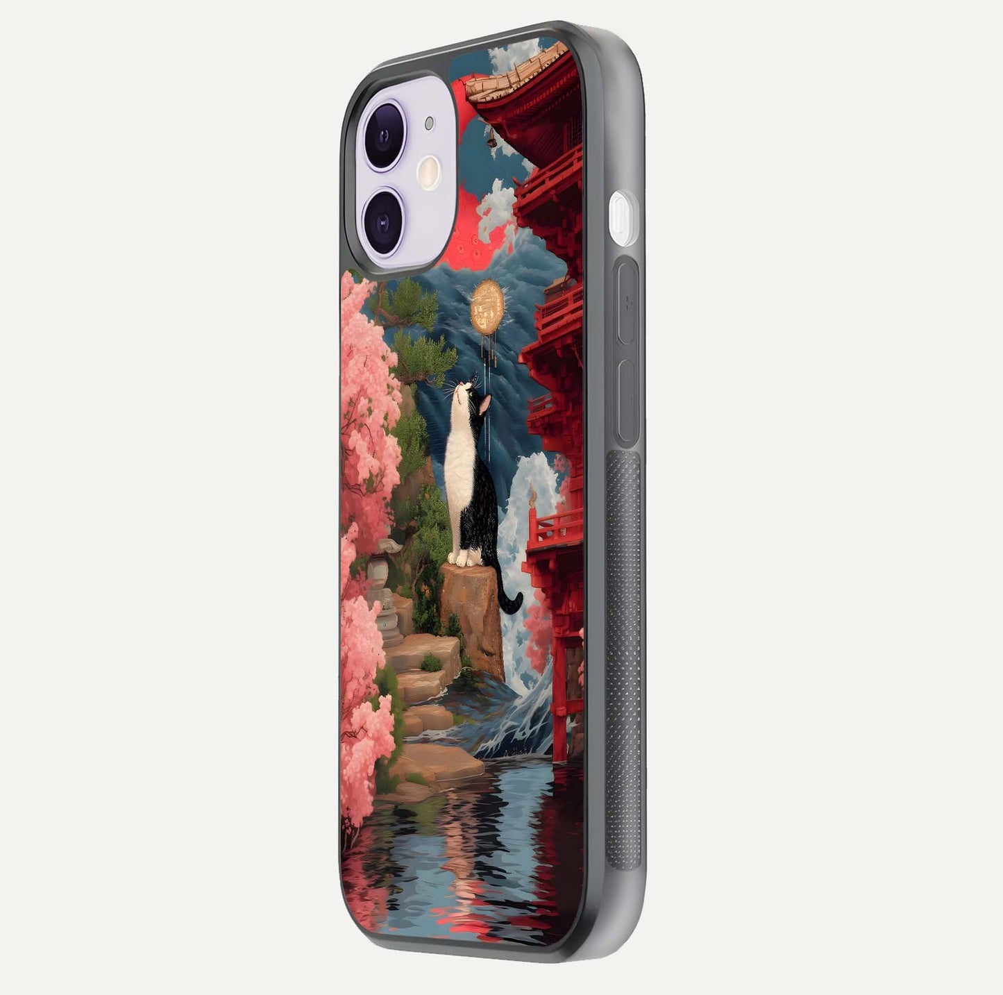 Temple Cat Scenery Glass Case for iPhone 11 side-angle image showing shine and printed temple pattern