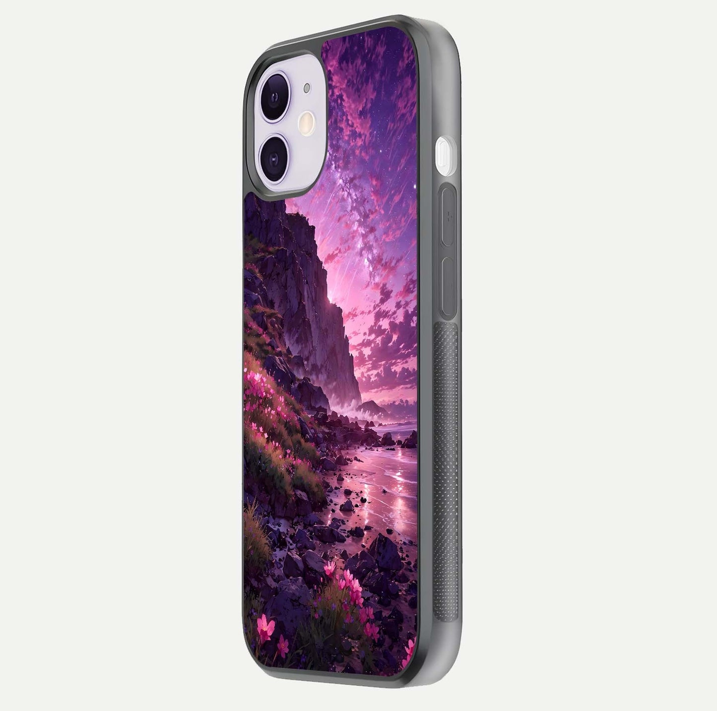 Twilight Blossom Coast Glass Case for iPhone 11 side-angle image showing shine, reflection, and petal tone