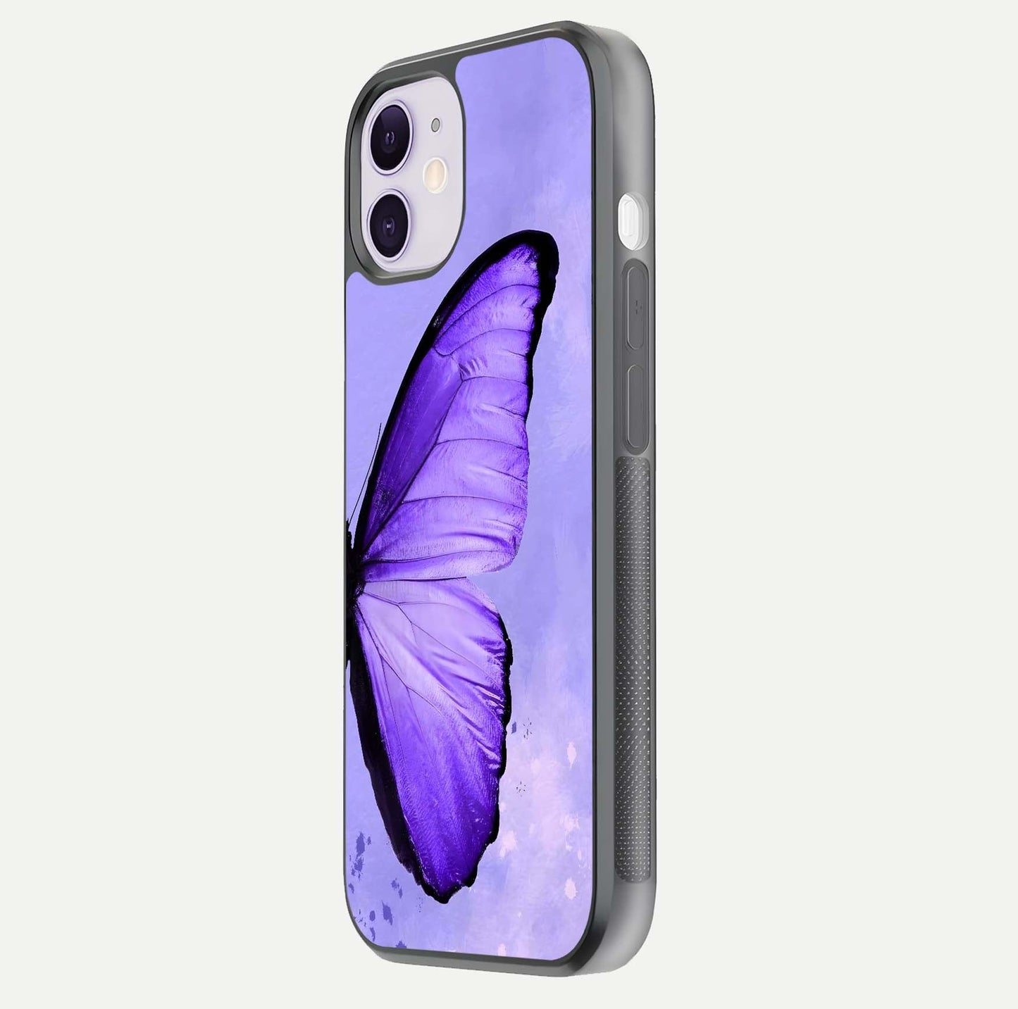 Violet Dream Wing Glass Case for iPhone 11 side-angle image showing gloss, shine, and violet gradient