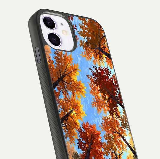 Autumn Sky Rise Glass Case for iPhone 11 close-up shot of autumn tone details and HD shine reflection
