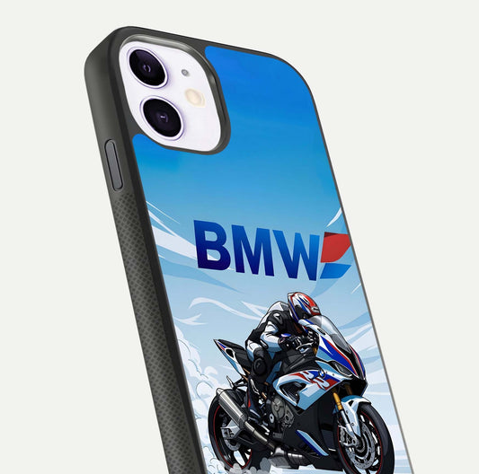 BMW Power Drift Glass Case for iPhone 11 close-up view highlighting motion streaks and gloss shine