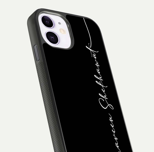 Black Tune Custom Name Glass Case for iPhone 11 close-up shot highlighting sleek monochrome design and reflection