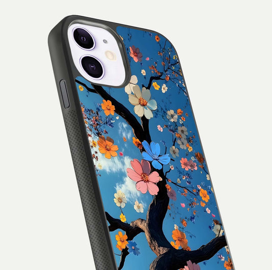 Blossom Dream Sky Glass Case for iPhone 11 close-up shot highlighting dreamlike clouds and pink blossoms