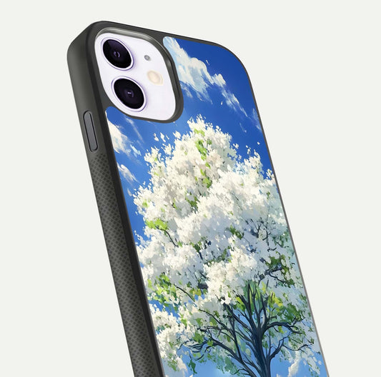 Blossom Sky Serenity Glass Case for iPhone 11 close-up highlighting calming flower details and reflection gloss