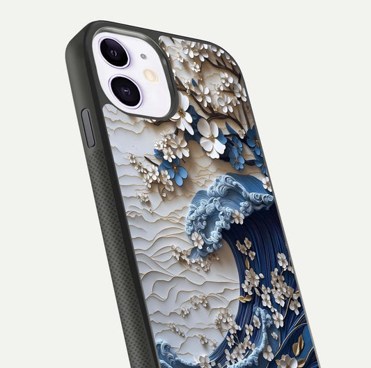 Blossom Wave Art Glass Case for iPhone 11 close-up shot highlighting wave motion in floral art and reflection