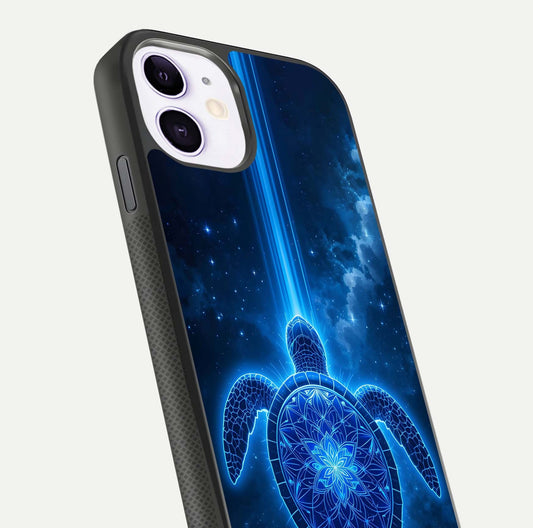 Blue Galaxy Turtle Glass Case for iPhone 11 close-up image showing turtle shell detail and glowing galaxy tones