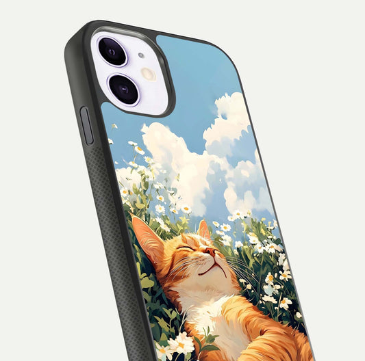 Cat & Flowers View Glass Case for iPhone 11 close-up view highlighting cat expression and petal detail