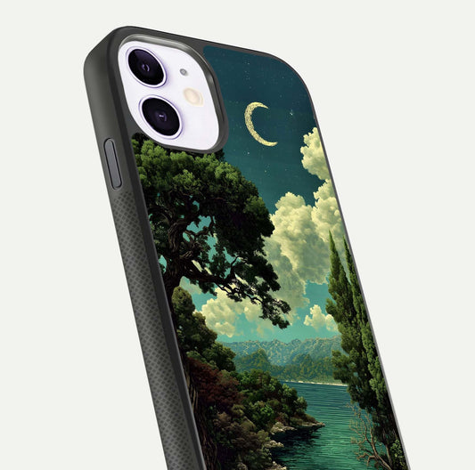 Celestial Lake Peace Glass Case for iPhone 11 close-up highlighting moon reflection and glossy texture