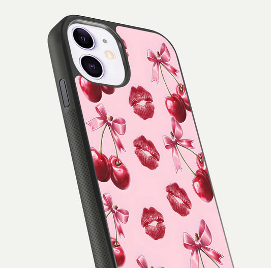 Cherry With Lips Glass Case for iPhone 11 close-up view highlighting lips texture and reflection shine