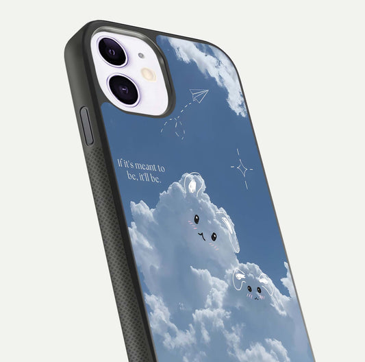 Cloud Bunny Dreams Glass Case for iPhone 11 close-up showing bunny art, dreamy clouds, and HD shine