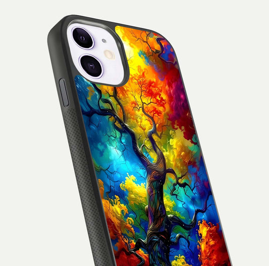 Colorful Tree Glass Case for iPhone 11 close-up highlighting leaf detail, gradient colors, and shine