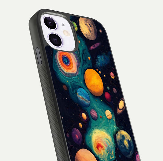 Cosmic Planet Journey Glass Case for iPhone 11 close-up highlighting planets, stars, and shine reflection