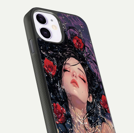 Crimson Rose Serenity Glass Case for iPhone 11 close-up highlighting rose gradient and reflection detail