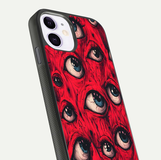 Crimson Watch Eyes Glass Case for iPhone 11 close-up highlighting graphic detail and reflection