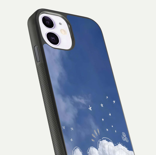 Cute Blossom Cloud Glass Case for iPhone 11 close-up highlighting pink flower tones and reflection glow