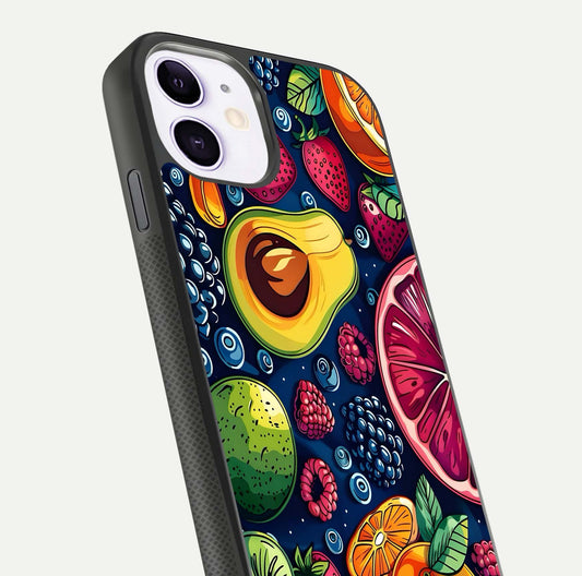 Cute Fruits Art Glass Case for iPhone 11 close-up highlighting fruit shapes, color tones, and reflection polish