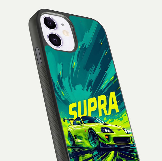 Electric Supra Thunder Glass Case for iPhone 11 close-up highlighting car reflection, neon tones, and gloss polish