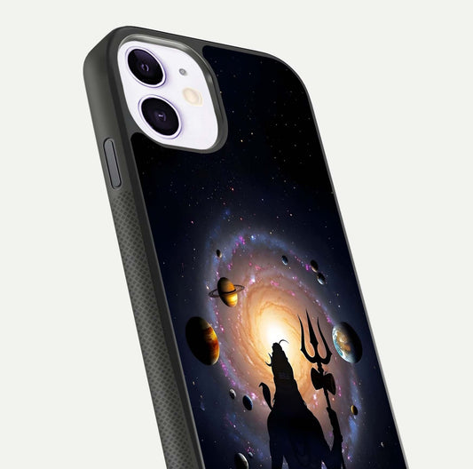 Galactic Shiva Vision Glass Case for iPhone 11 close-up angled shot highlighting divine aura, trident details, and reflection shine