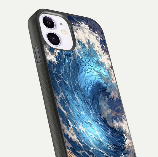 Giant Ocean Wave Glass Case for iPhone 11 close-up angled shot showing wave texture and water reflection shine