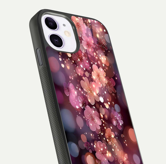 Glowing Petal Bliss Glass Case for iPhone 11 close-up angled shot showing petal glow, color depth, and reflection shine