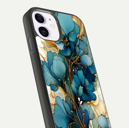 Golden Bloom Symphony Glass Case for iPhone 11 close-up angled shot showing detailed petals and metallic gold reflection