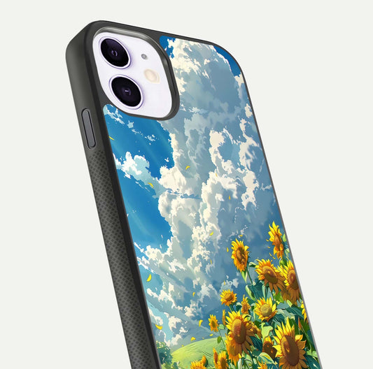 Golden Sun Glory Glass Case for iPhone 11 close-up angled shot showing sunlight reflection and gold detailing