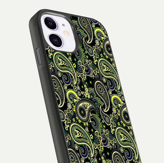Green Mandala Pattern Glass Case for iPhone 11 close-up angled shot showing fine detailing and gold-green reflection