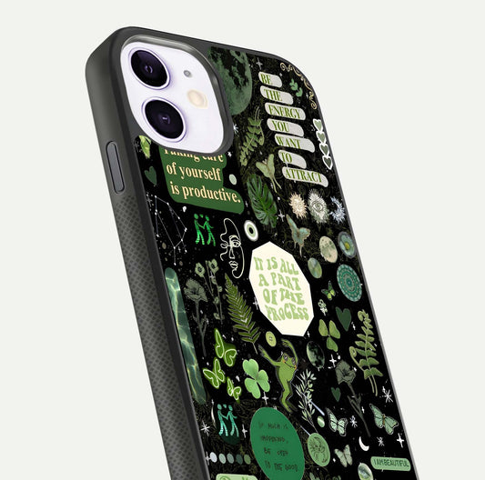Green Moon Energy Glass Case for iPhone 11 close-up angled shot showing glowing lunar detail and reflection shine