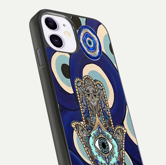 Hamsa Divine Guard Glass Case for iPhone 11 close-up angled shot showing detailed palm motif and reflection glow