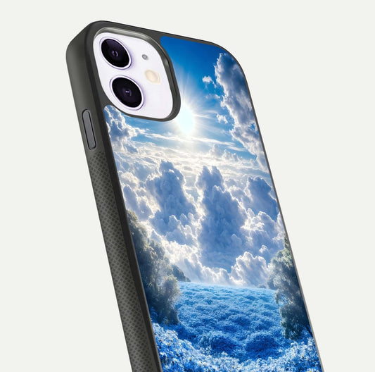 Heavenly Daisy Horizon Glass Case for iPhone 11 close-up angled shot showing daisy petal details and light reflection