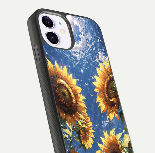 Heavenly Sunflower Rise Glass Case for iPhone 11 close-up angled shot showing sunflower texture and reflection polish