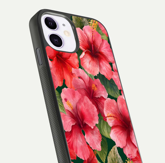 Hibiscus Pattern Glass Case for iPhone 11 close-up angled shot showing flower details and gloss reflection