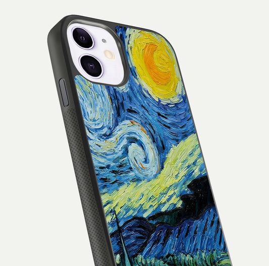 Inspired Van Gogh Art Glass Case for iPhone 11 close-up angled shot showing brushstroke texture and shine detail
