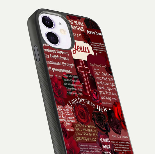Jesus Love Heals Glass Case for iPhone 11 close-up angled shot showing healing text, cross detailing, and reflection