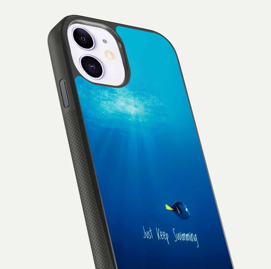 Just Keep Swimming Glass Case for iPhone 11 close-up angled shot showing elegant lettering and blue tone reflection