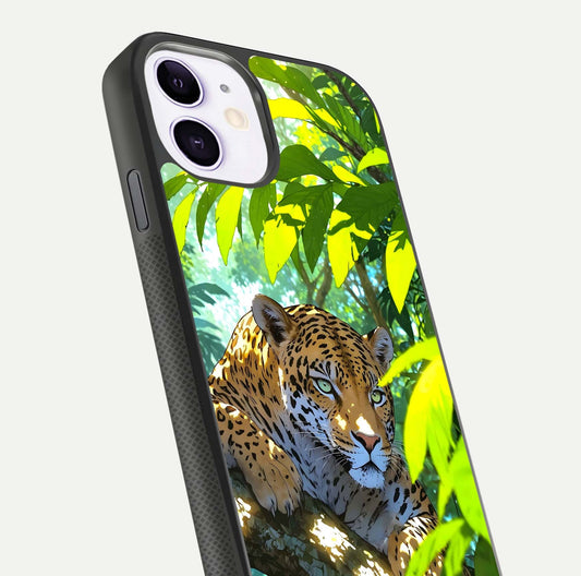 Leopard in Jungle Glass Case for iPhone 11 angled close-up showing fur texture and glossy shine reflection