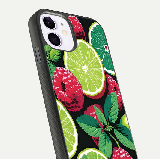 Lime and Raspberry Pattern Glass Case for iPhone 11 angled close-up showing fruit texture and reflection glow