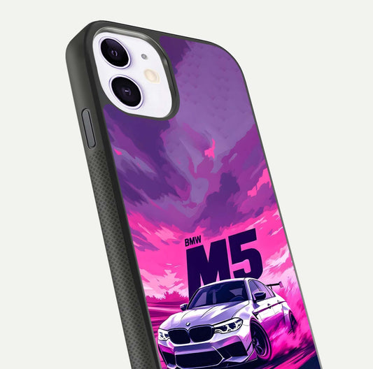 MS Neon Car Glass Case for iPhone 11 close-up angled shot showing vivid neon reflections and shine