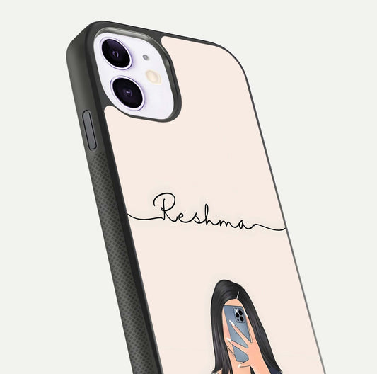 Mirror Mood Muse Custom Name Glass Case for iPhone 11 close-up angled shot highlighting gloss and mirror depth
