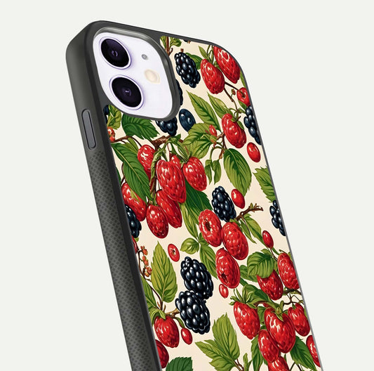 Mixed Berry Collage Glass Case for iPhone 11 close-up angled shot showing fruit detail and reflection glow
