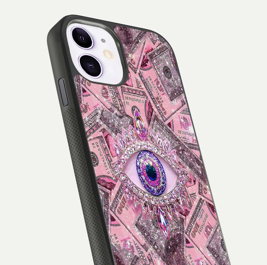 Money Eye Luxe Glass Case for iPhone 11 close-up angled shot showing gold detailing and reflection shine