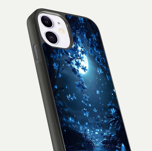 Moonlight Petal Dream Glass Case for iPhone 11 close-up angled shot showing petal reflection and glow texture