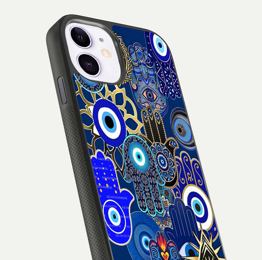 Mystic Palm Guard Glass Case for iPhone 11 close-up angled shot showing eye symbol and fine texture