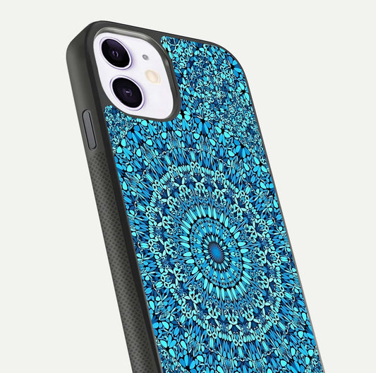 Ocean Bloom Mandala Glass Case for iPhone 11 close-up angled shot highlighting detailed mandala and reflection
