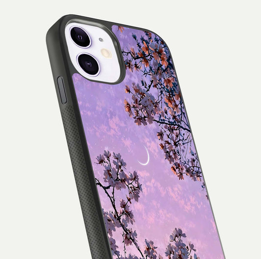 Purple Serenity Moon Glass Case for iPhone 11 close-up angled shot showing reflection and gradient purple hues